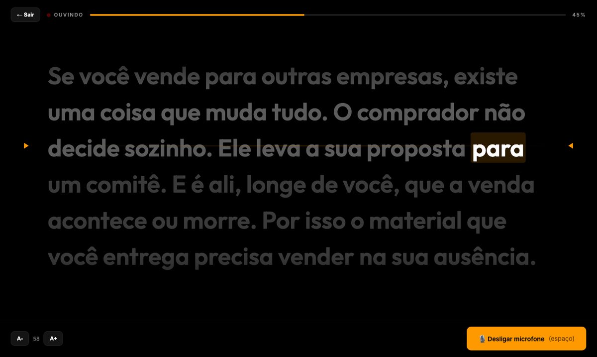 Teleprompter em uso: a palavra atual fica parada na linha de leitura enquanto o texto passa