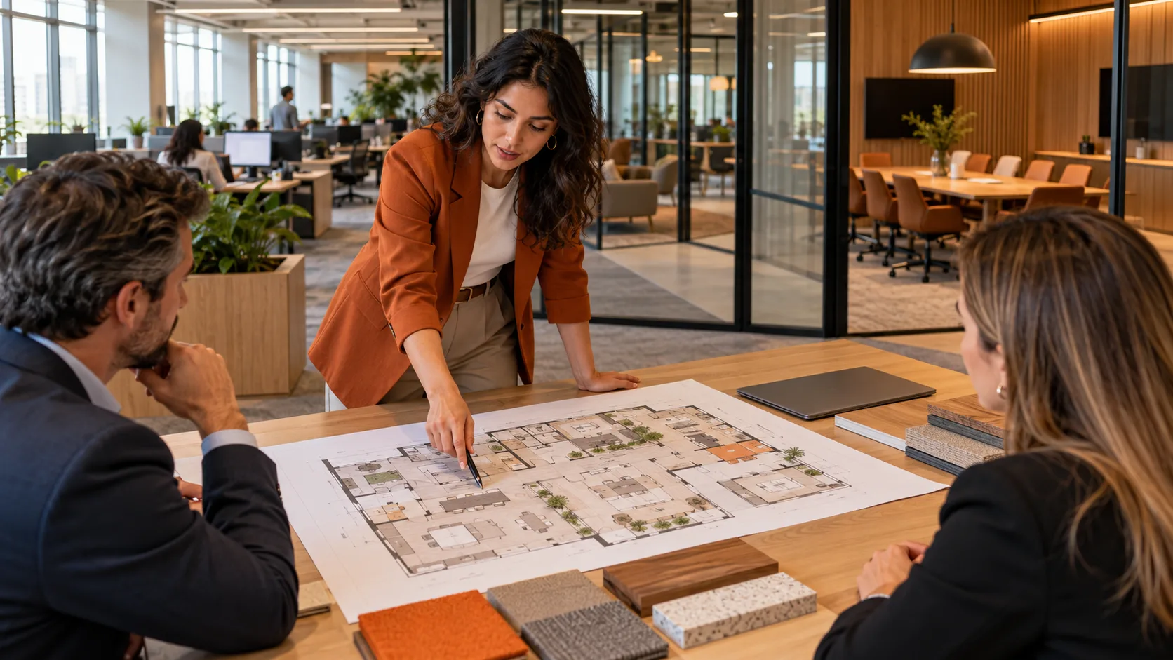 Cena ilustrativa de arquiteta apresentando uma planta a profissionais em um ambiente corporativo.