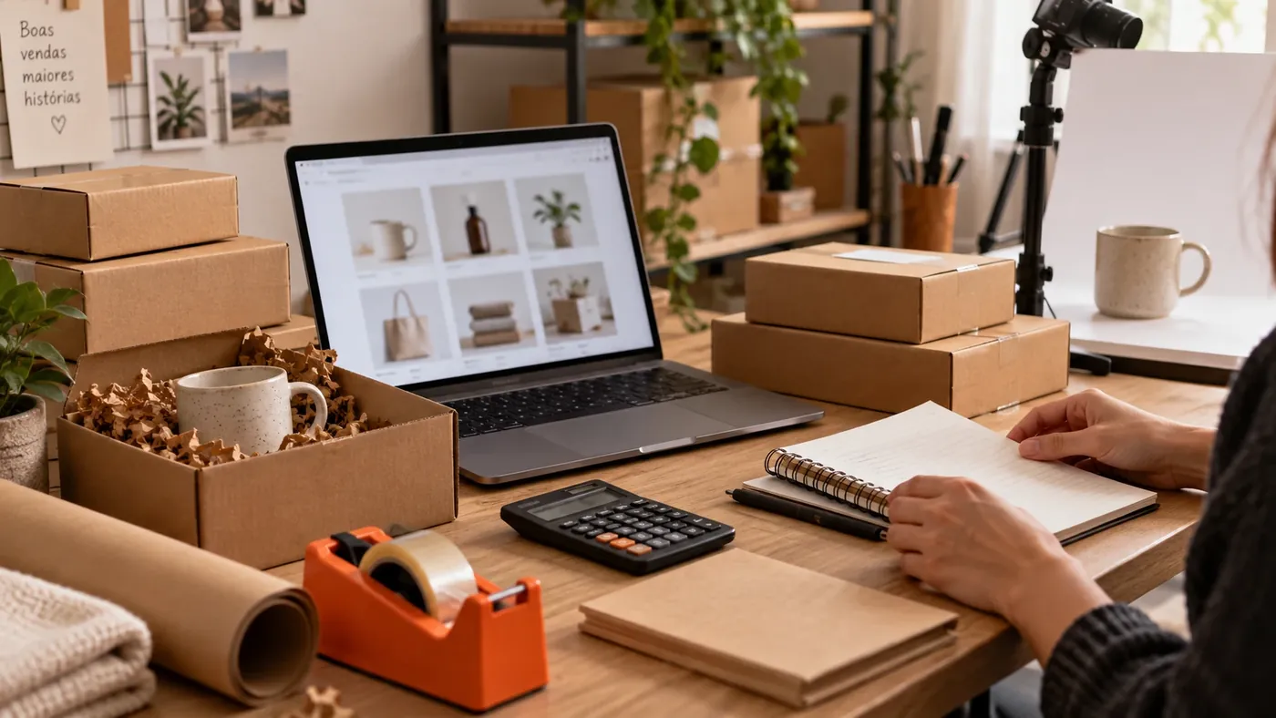 Empreendedora embalando pedidos ao lado do laptop com o catálogo da loja virtual