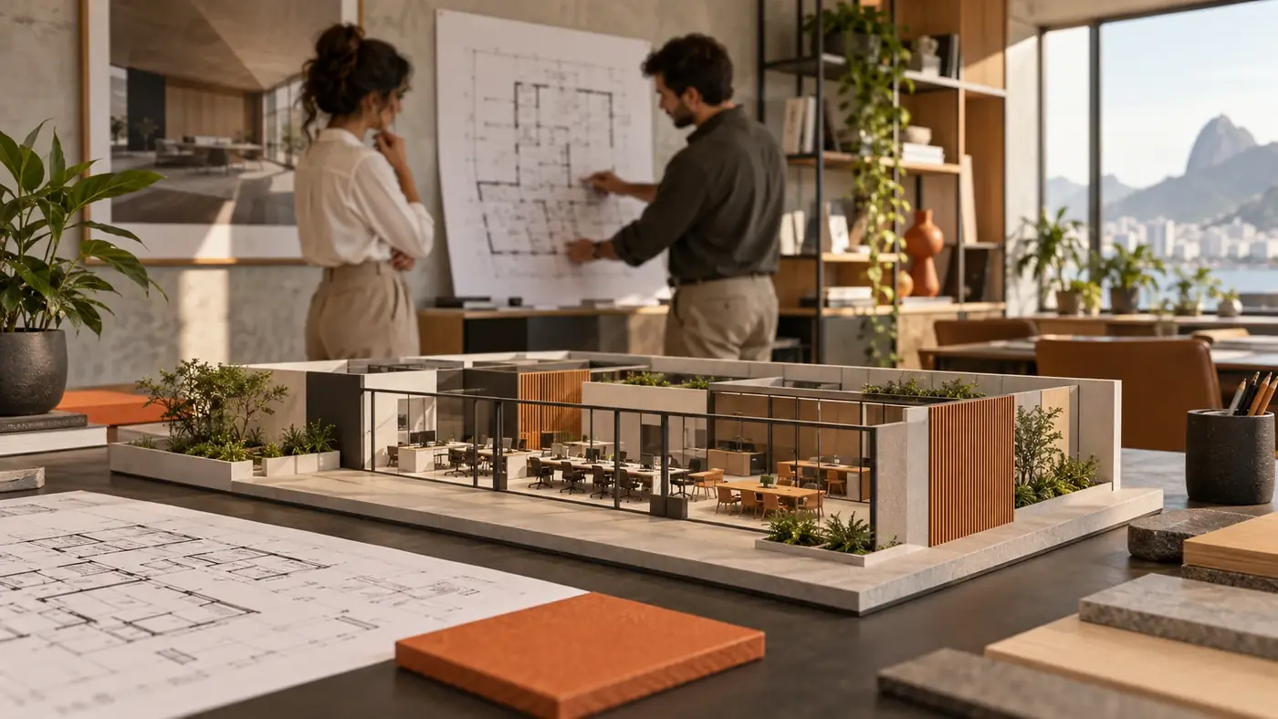 Arquitetos analisando maquete e planta de um projeto de escritório corporativo