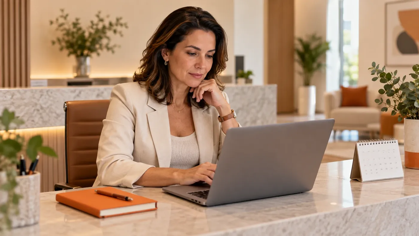 Profissional de clínica trabalhando no laptop na recepção, organizando a presença digital