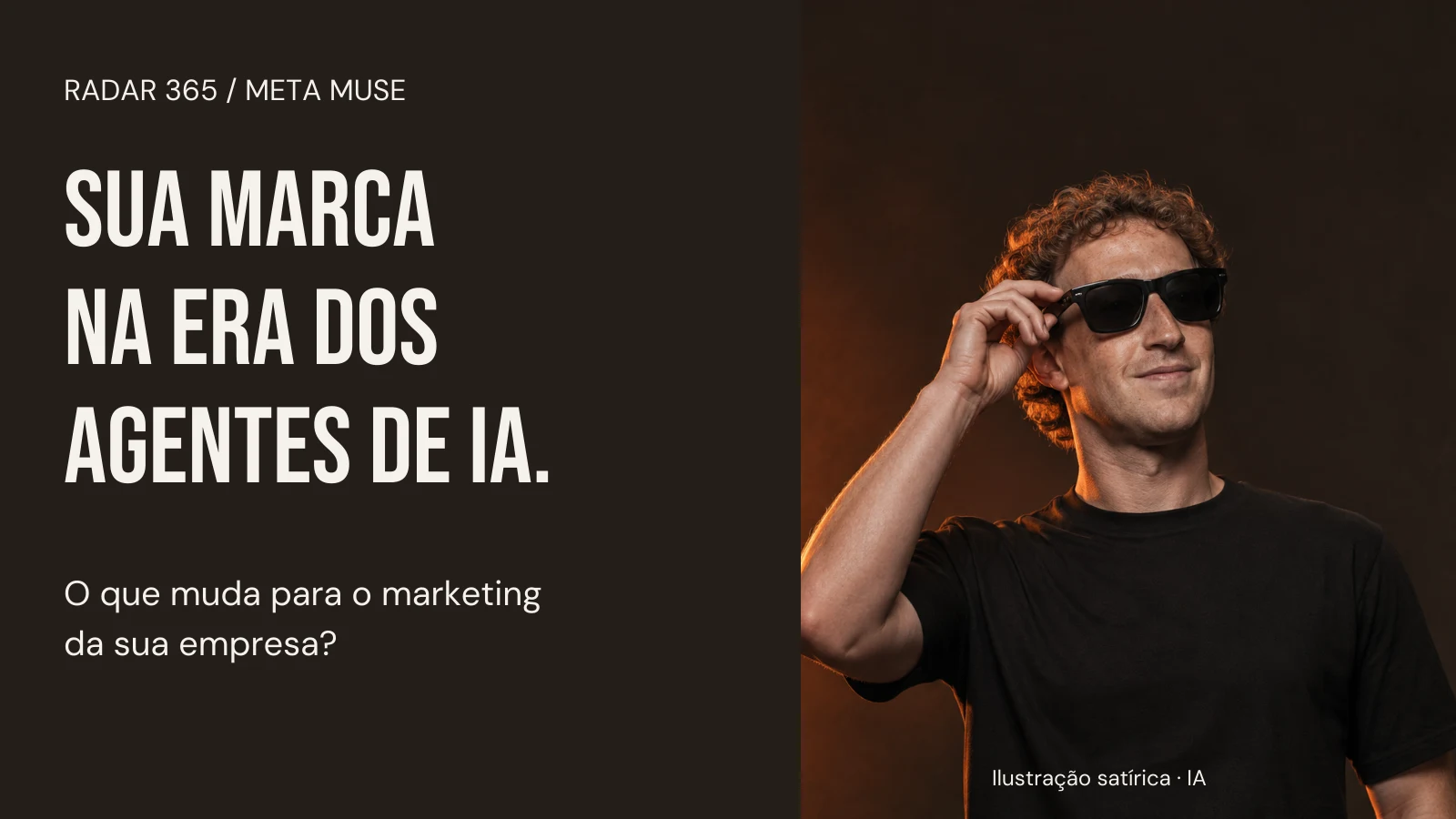 Ilustração satírica gerada por IA de Mark Zuckerberg com óculos escuros, ao lado do tema Muse e marketing.