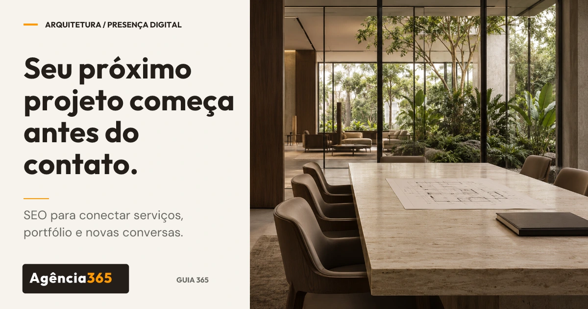 Ambiente corporativo fictício com mesa de pedra, painéis de madeira e jardim ao fundo. À esquerda: Seu próximo projeto começa antes do contato. SEO para conectar serviços, portfólio e novas conversas. Imagem gerada por IA.