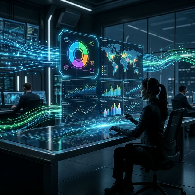 Especialista operando dashboard holográfico de Data Visualization